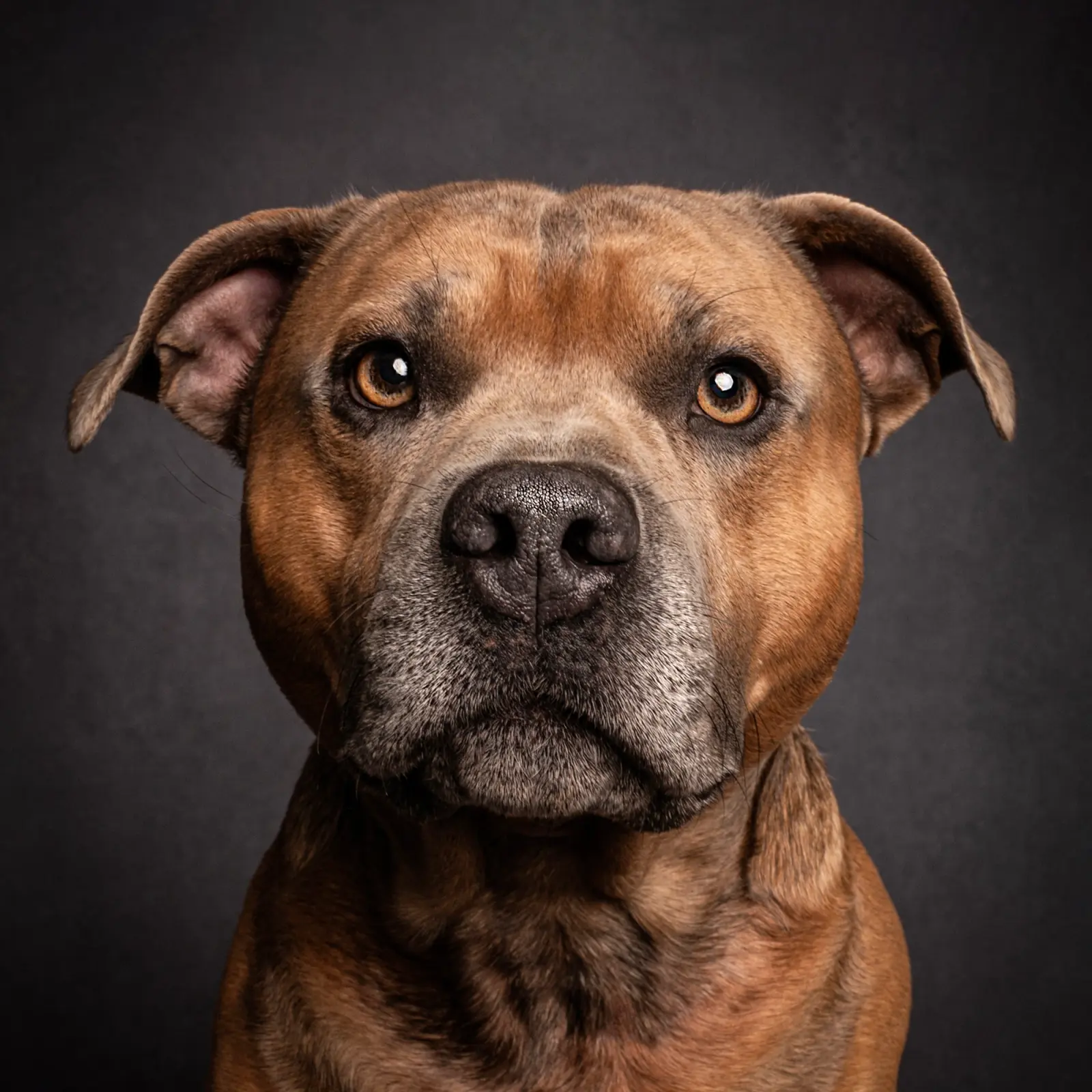 Brown Staffordshire bull terrier looking straight into the camera