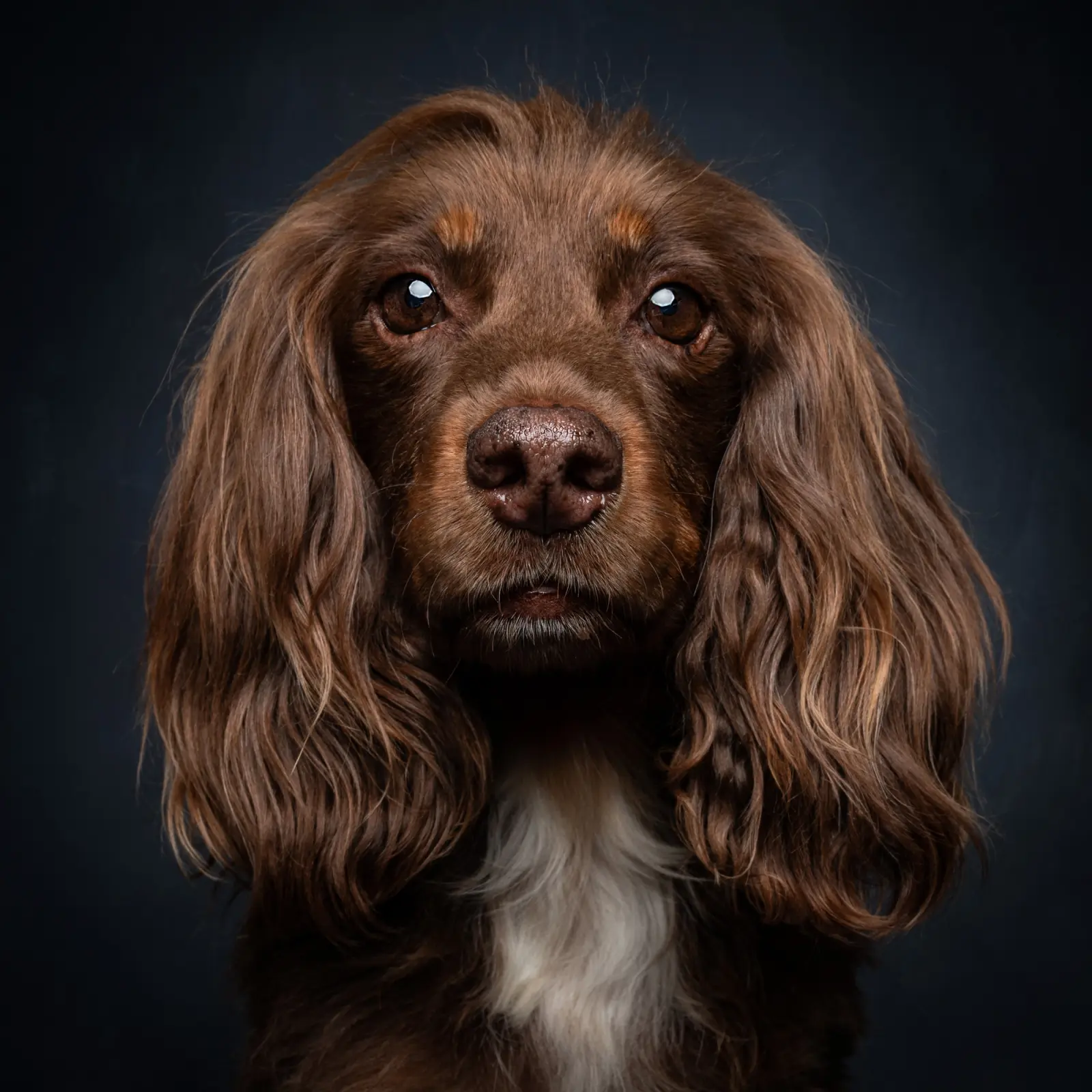 Chocolate spaniel with long wavy ears