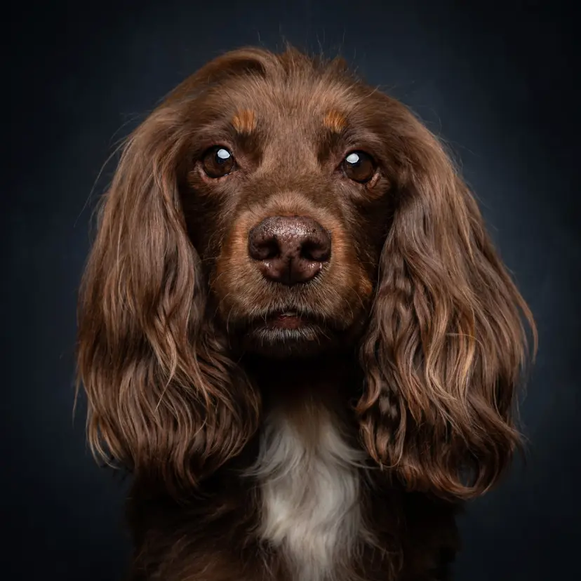 Chocolate spaniel with long wavy ears